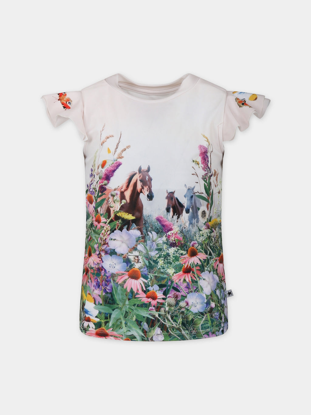 T-shirt anti UV avorio per bambina con stampa cavalli e fiori